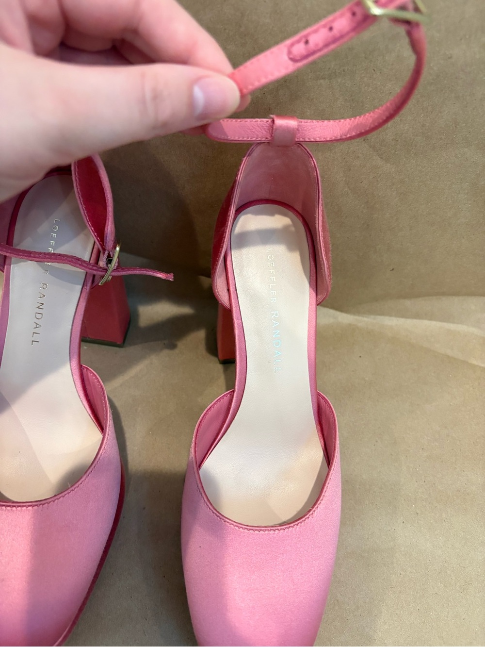 Loeffler Randall Selina Closed Toe Pink Satin Ankle-Strap Block Heels - Picture 3 of 10